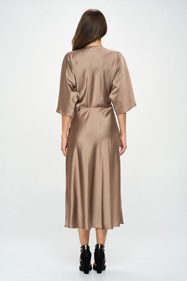 Satin Stretch Solid Dress With Front Twist | Anekay