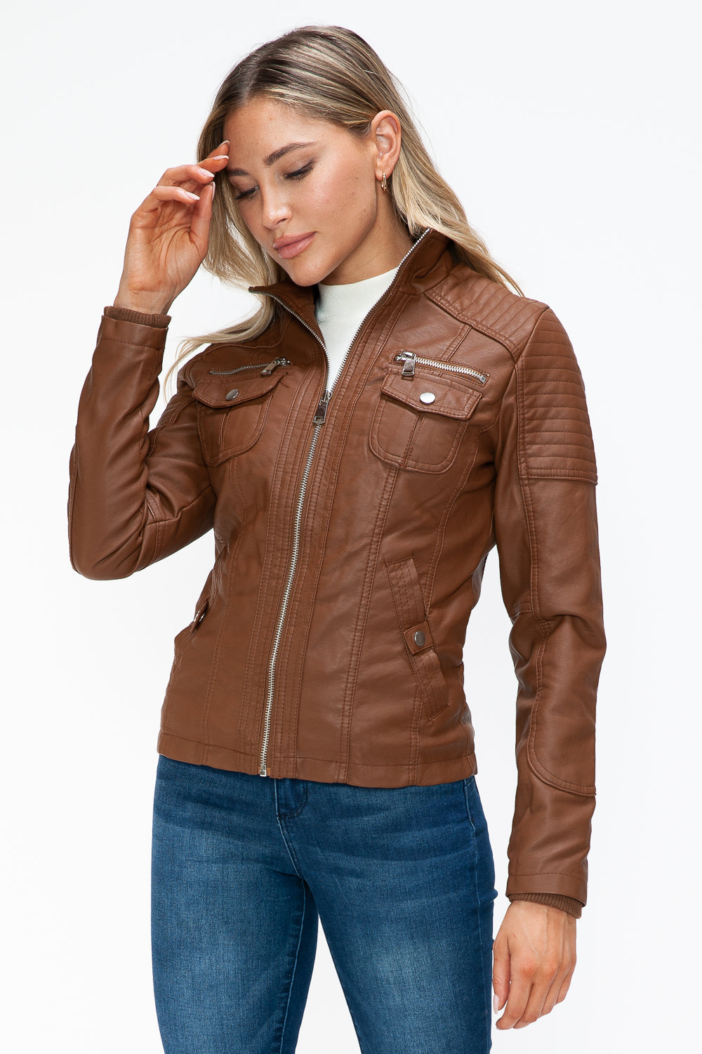 Ymi Removable Faux Layered Multi Pocket Jacket With Fuzzy Hood 2