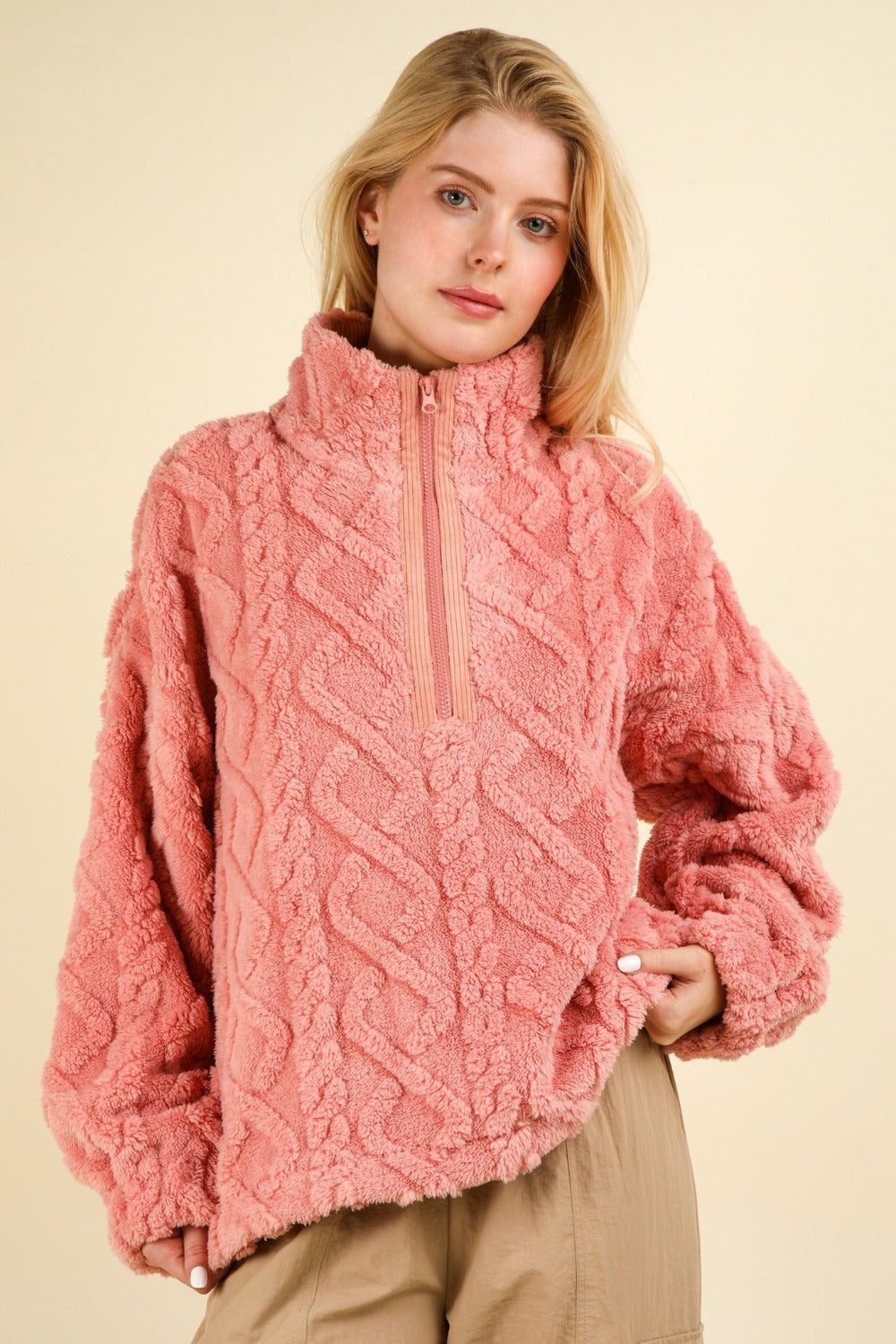 Blush Very J Fuzzy Fleece Half Zip Cable Pattern Sweatshirt