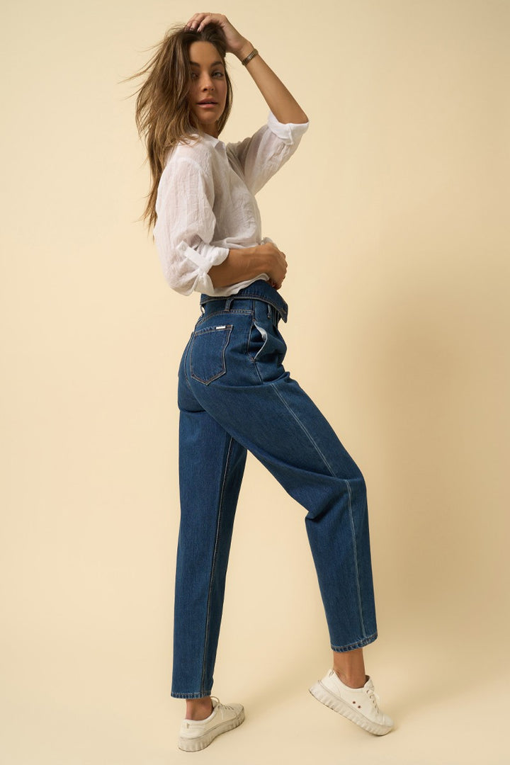Dark High Rise Flap Waisted Relaxed Jeans