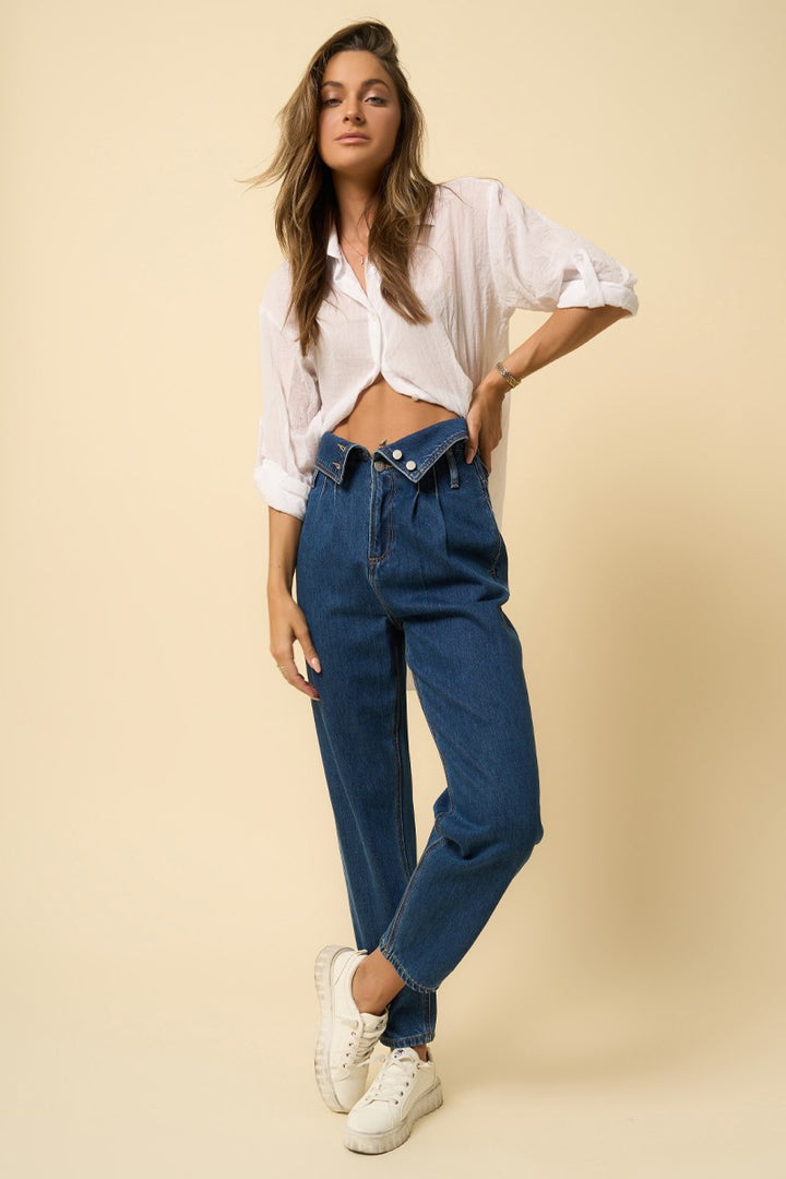 Dark High Rise Flap Waisted Relaxed Jeans