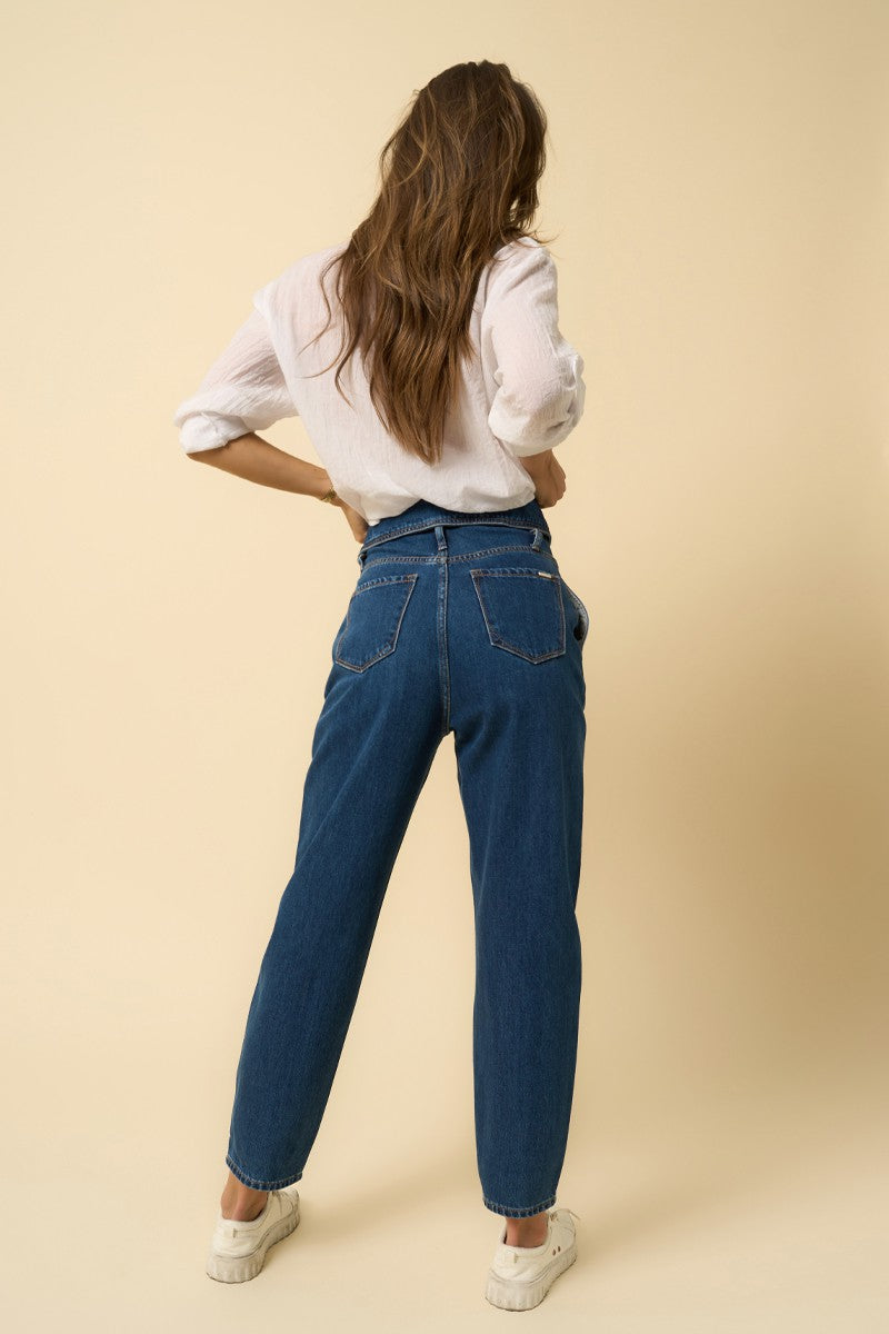 Dark High Rise Flap Waisted Relaxed Jeans