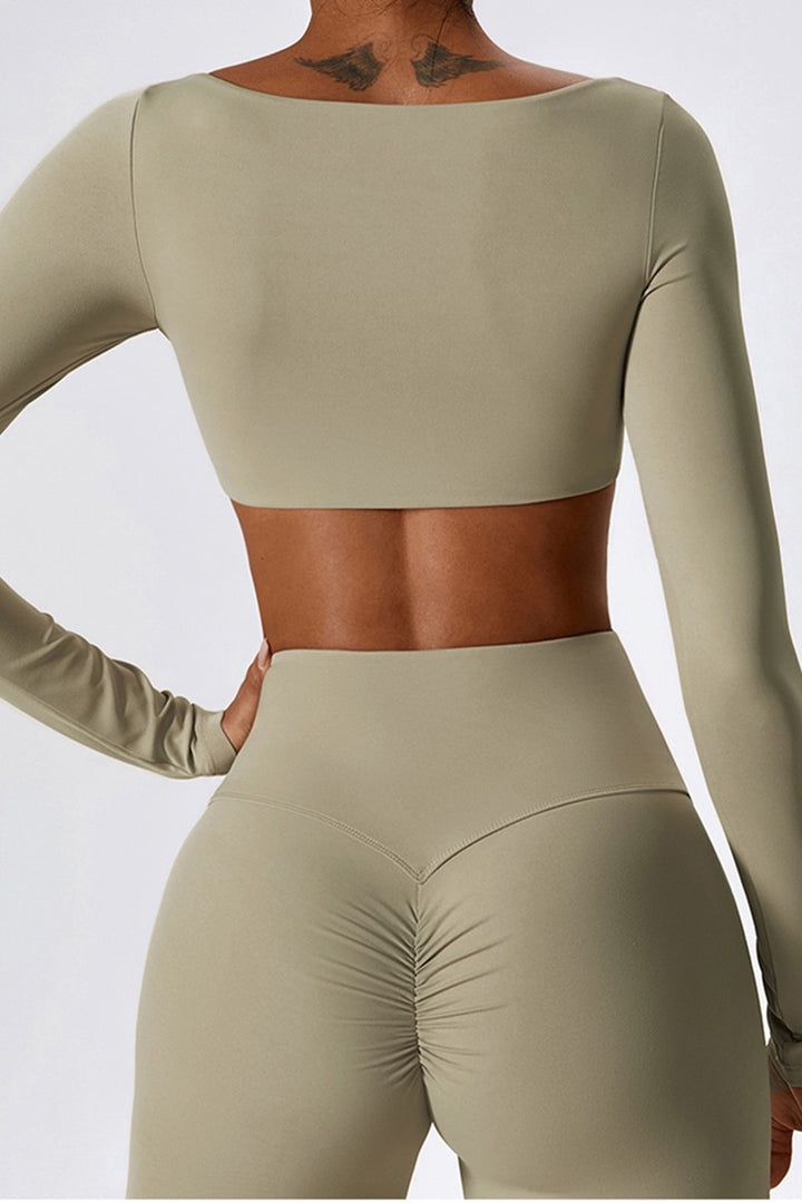 Dark Brown Long Sleeves Square Collar Cropped Top