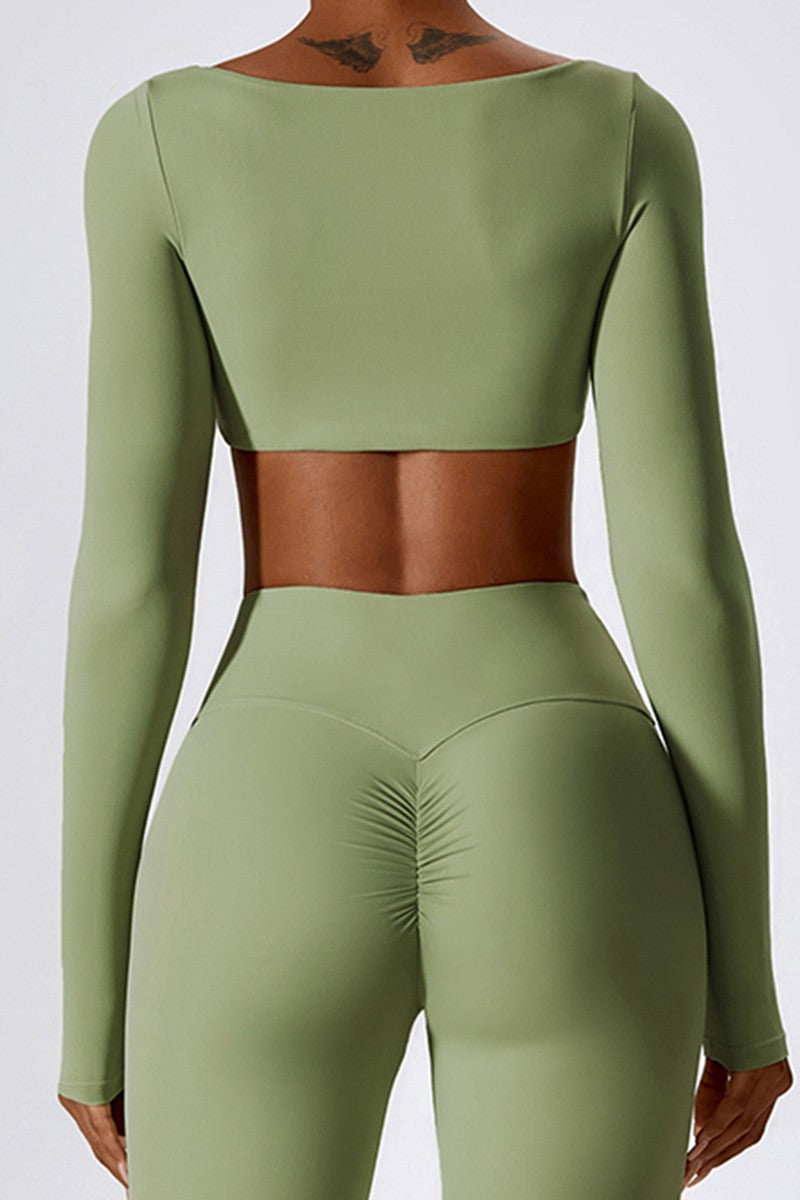 Dark Brown Long Sleeves Square Collar Cropped Top