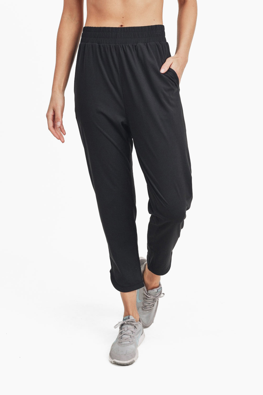 Black Athleisure Joggers With Curved Notch Hem
