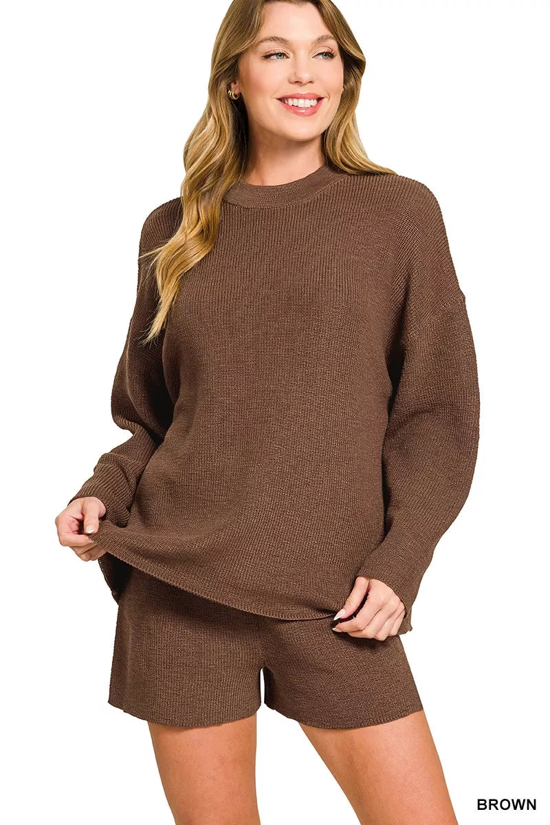 Brown Zenana Round Neck Knit Top And Shorts Sweater Set 6