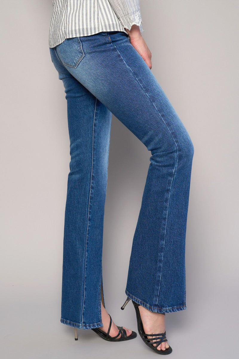 Dark High Rise Front Slit Slim Boot Jeans