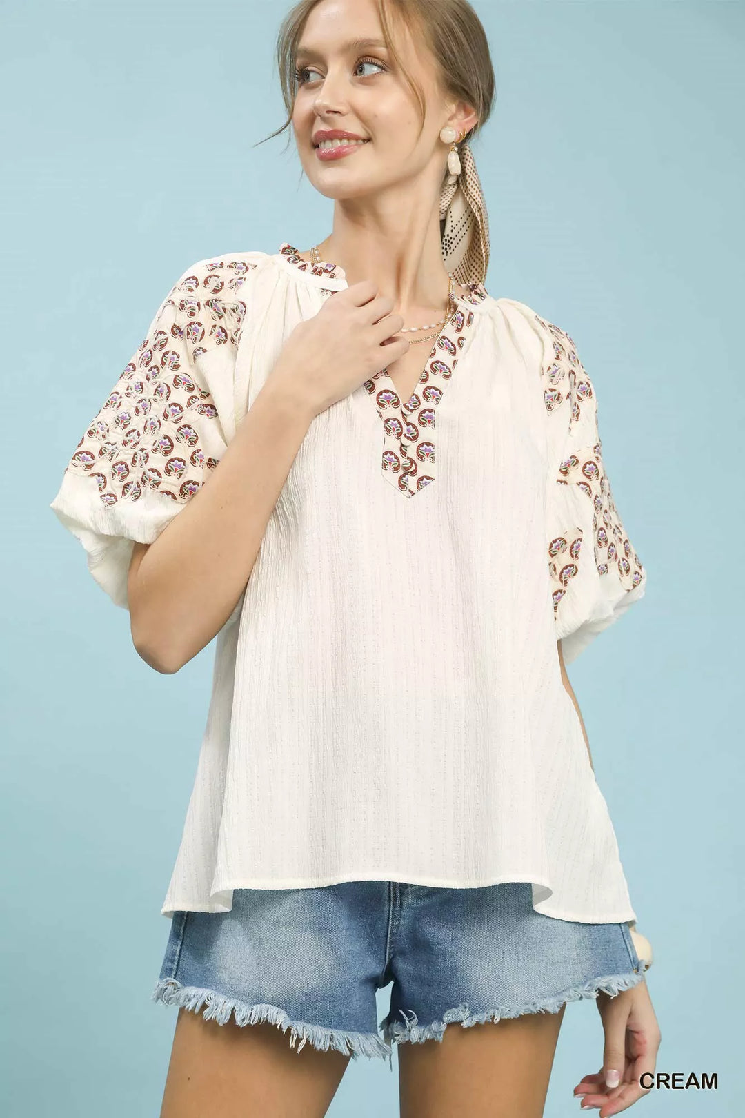 Cream Umgee Embroidered Sleeve Contrast Trim Top