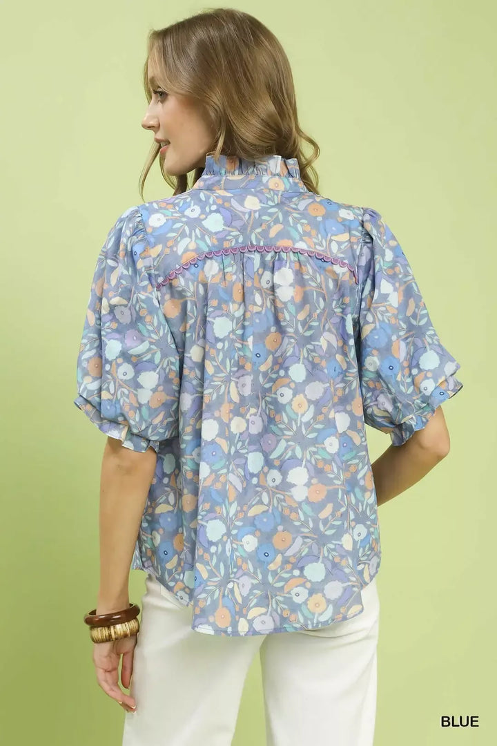 Blue Umgee Smocked Floral Ruffle Trim Top