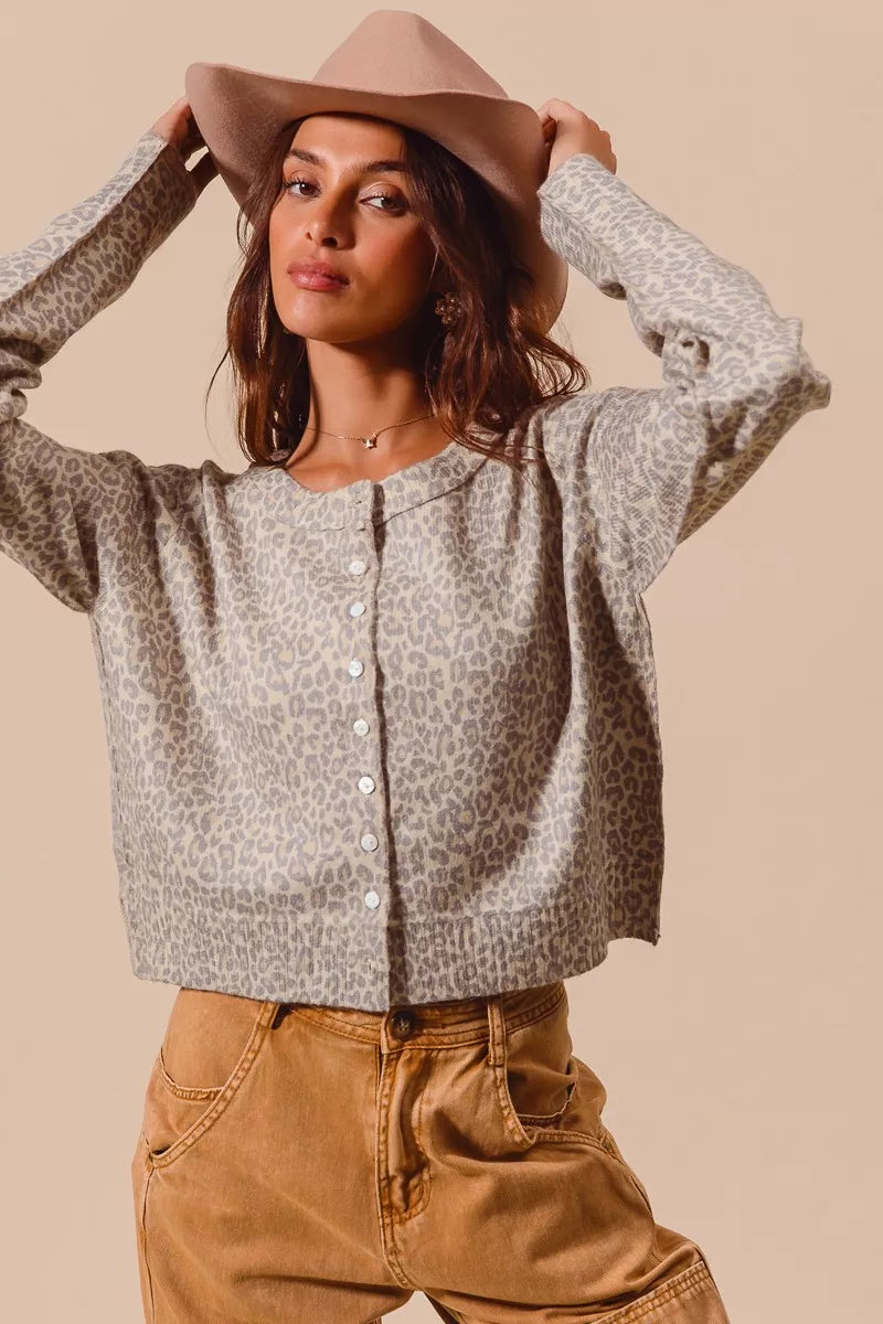So Me Two Tone Leopard Vintage Print Button Up Cardigan