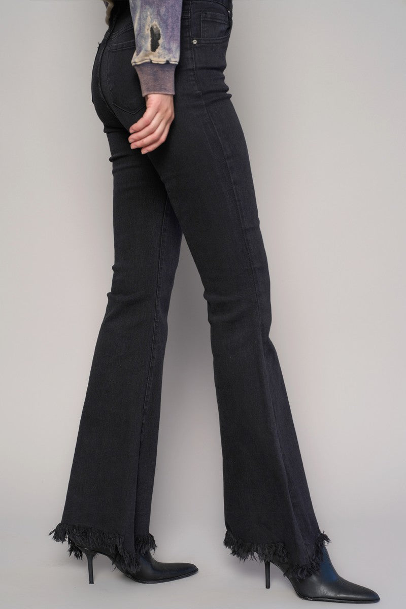 Black Button Fly Fray Hem Flare Jeans