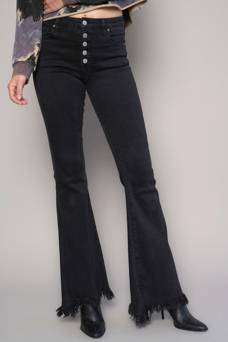 Black Button Fly Fray Hem Flare Jeans