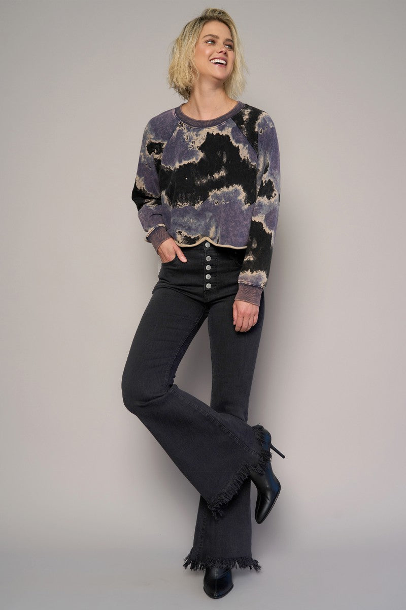 Black Button Fly Fray Hem Flare Jeans