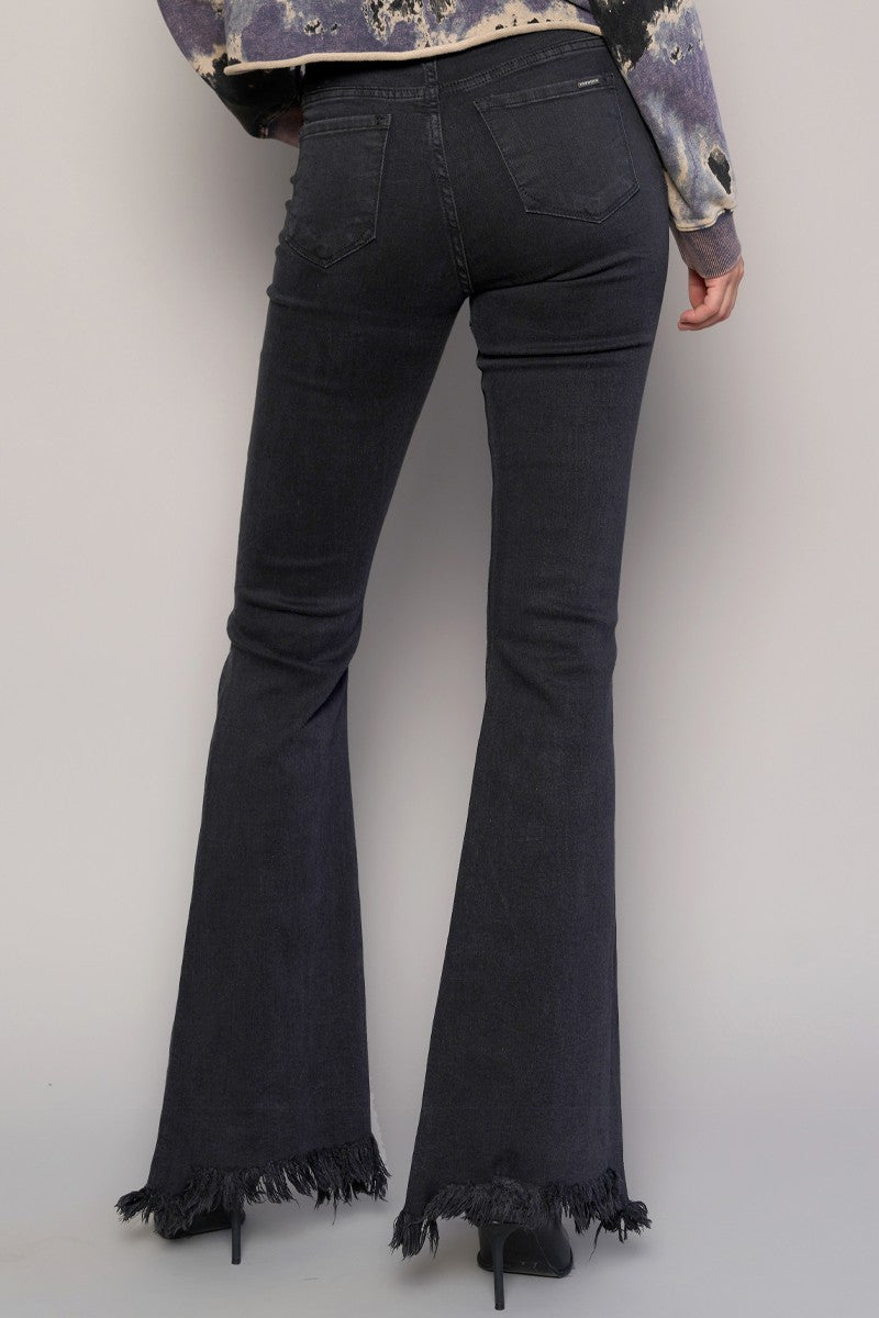 Black Button Fly Fray Hem Flare Jeans