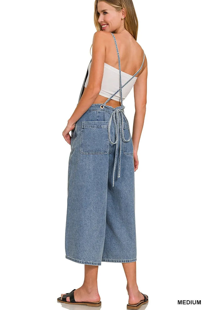 Zenana Denim Medium Washed Wide Leg Overalls