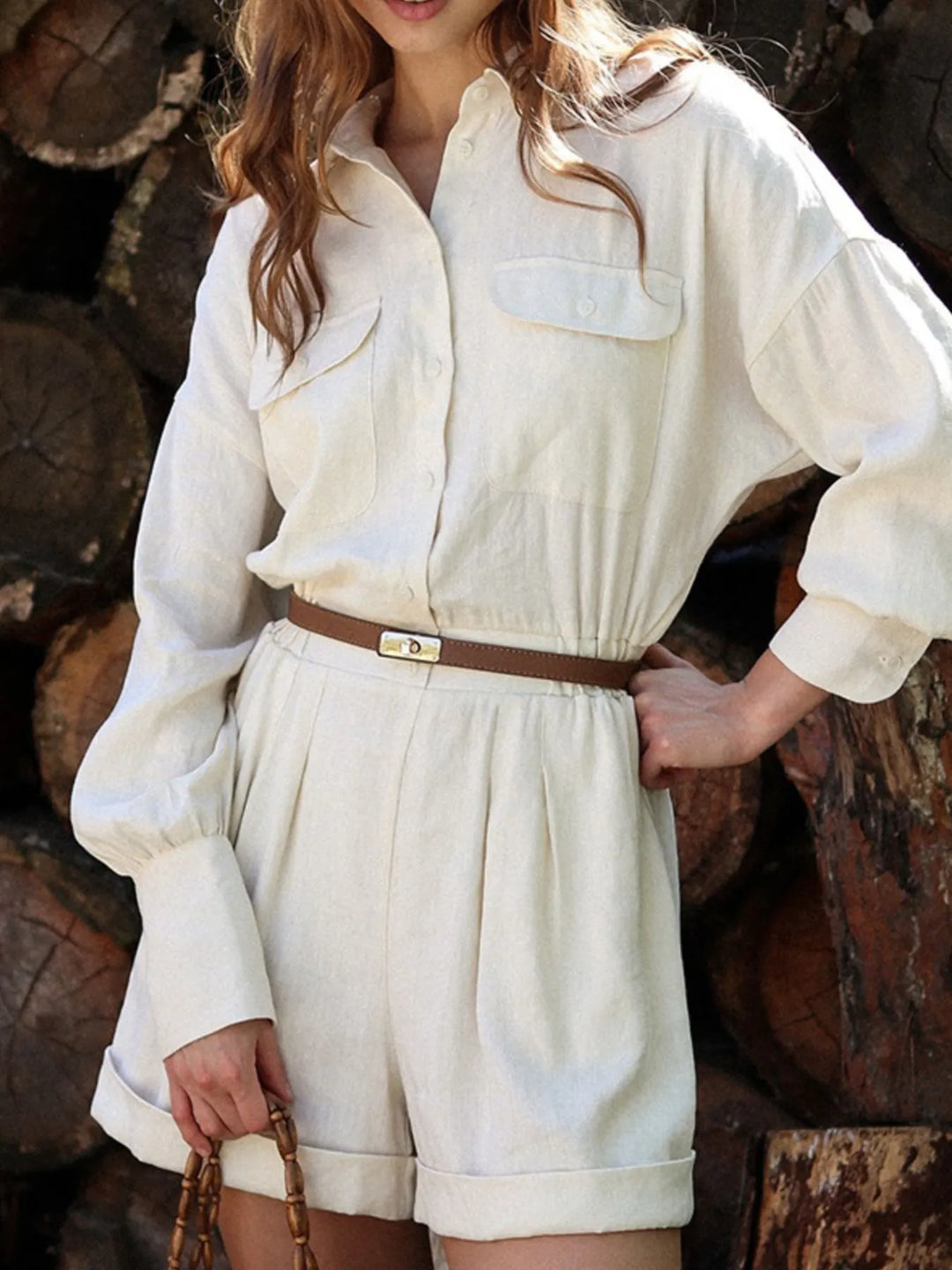 Beige Casual Button Front Long Sleeve Romper