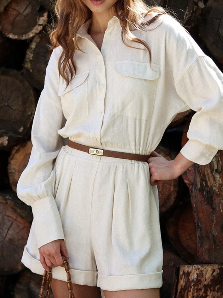 Beige Casual Button Front Long Sleeve Romper