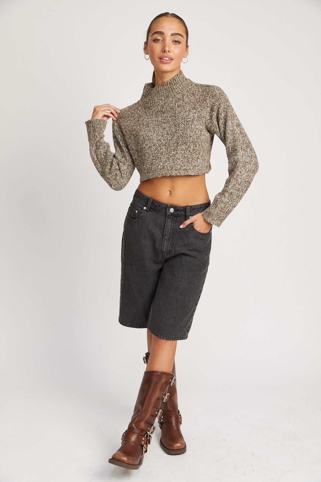 Mocha Contrasted Turtle Neck Crop Top