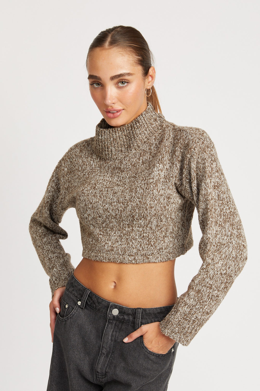 Mocha Contrasted Turtle Neck Crop Top