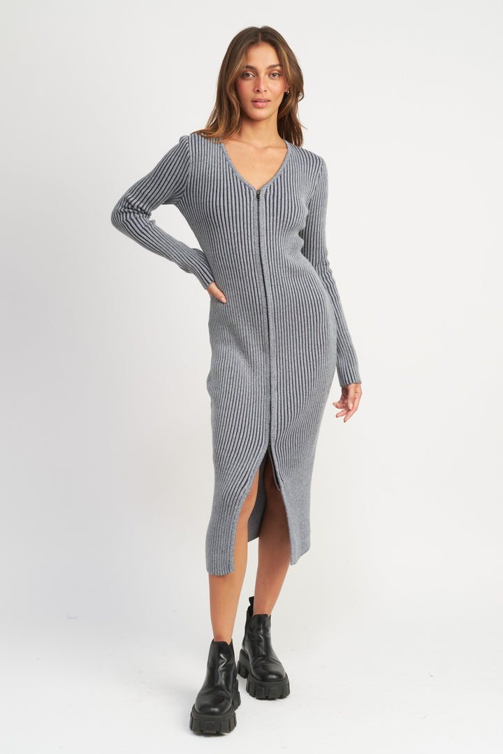 BLUE NAVY V Neck Midi Dress W Two Way Zipper