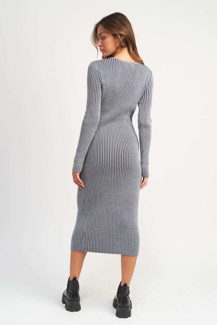 V Neck Midi Dress W Two Way Zipper
