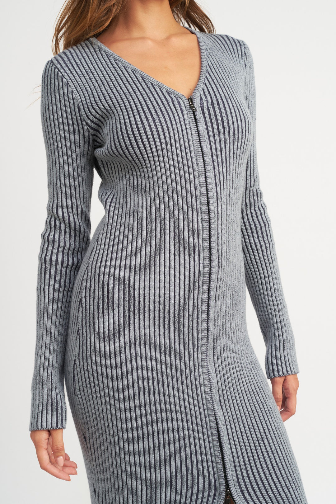 BLUE NAVY V Neck Midi Dress W Two Way Zipper