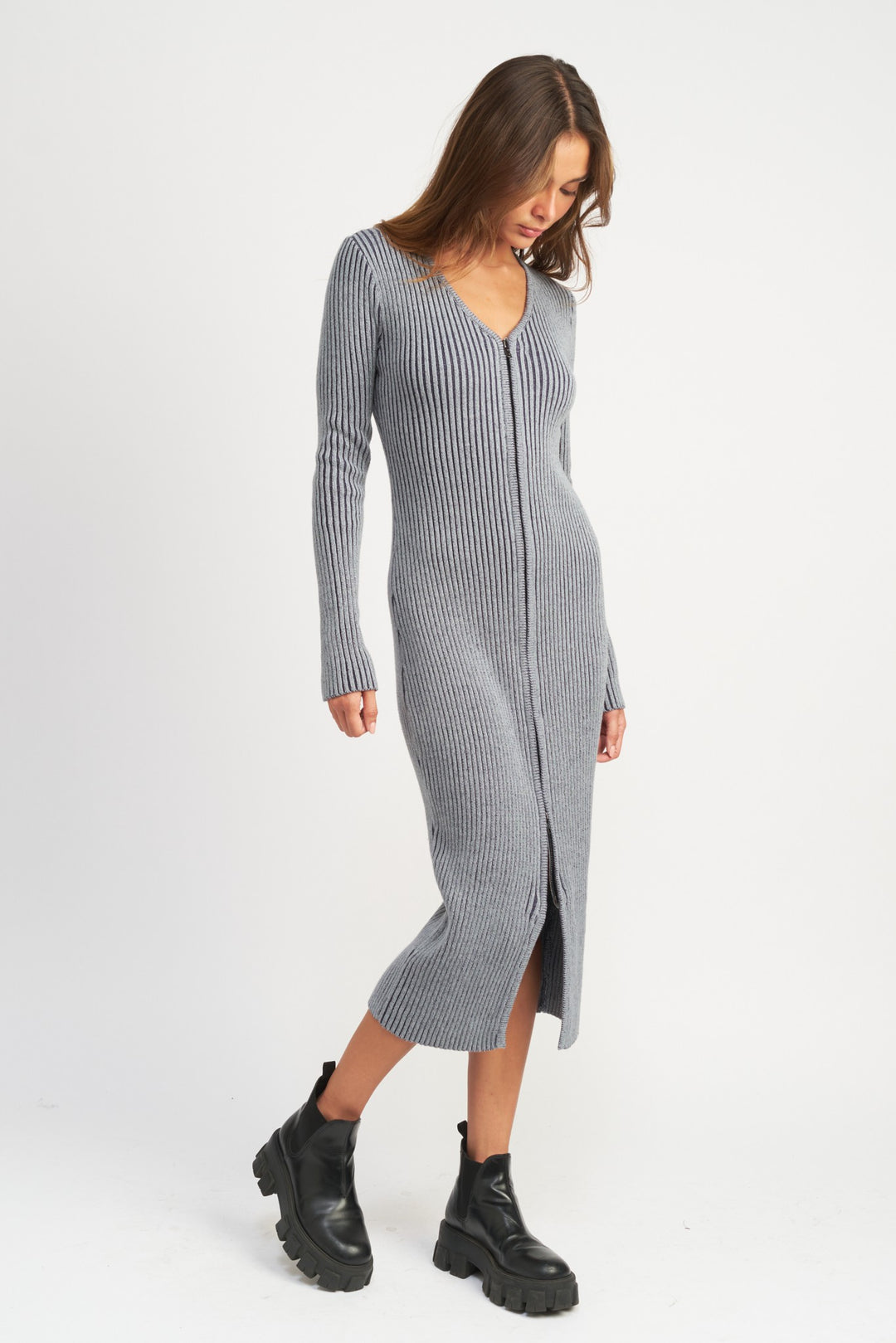 V Neck Midi Dress W Two Way Zipper