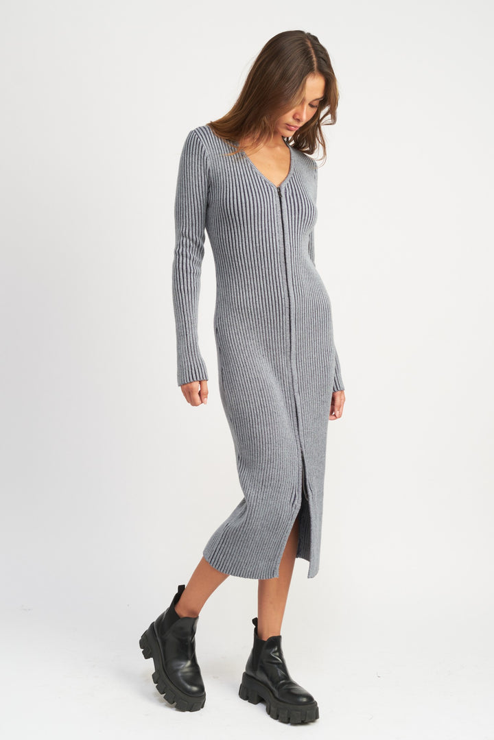 V Neck Midi Dress W Two Way Zipper