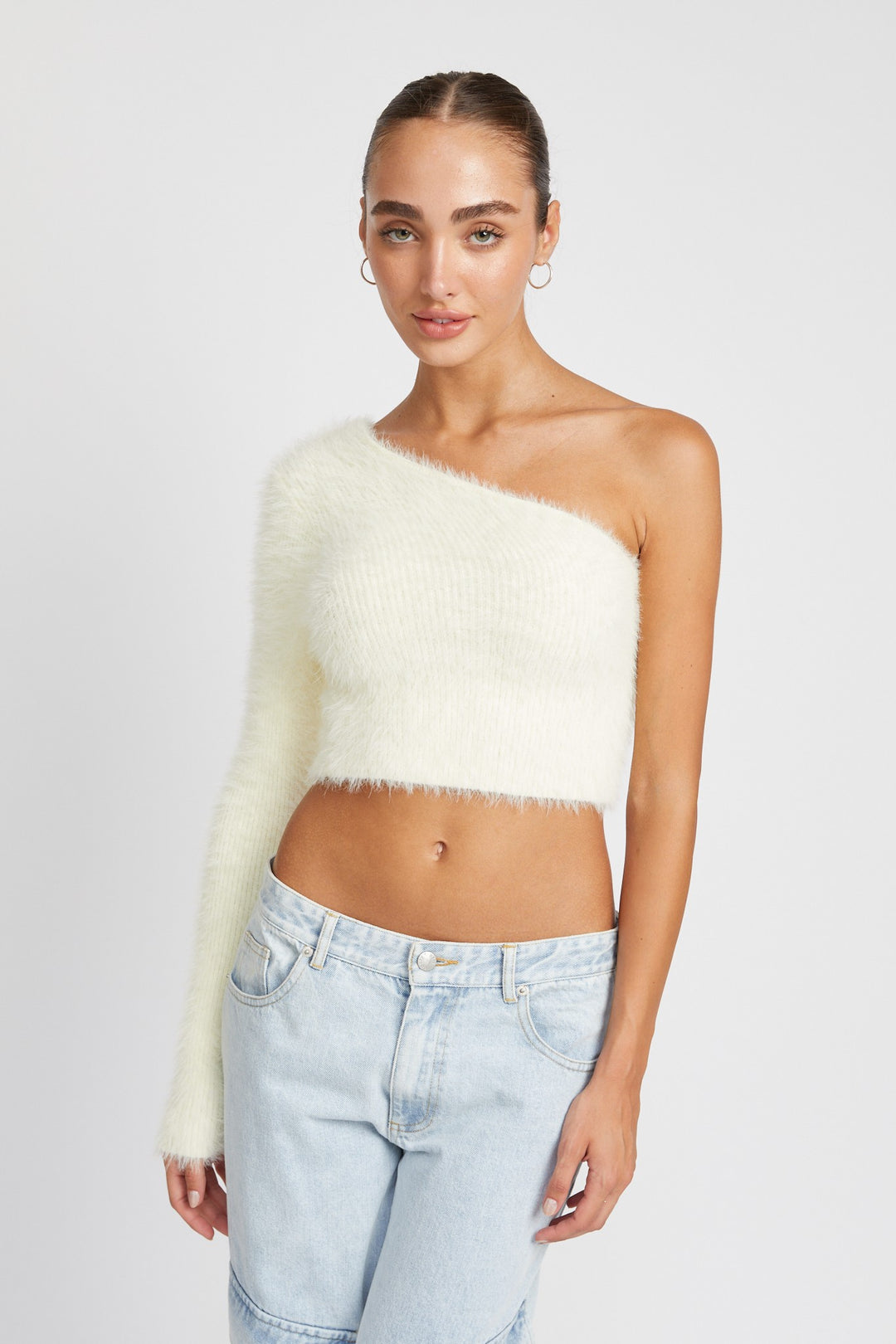 Pink One Shoulder Fluffy Sweater Top