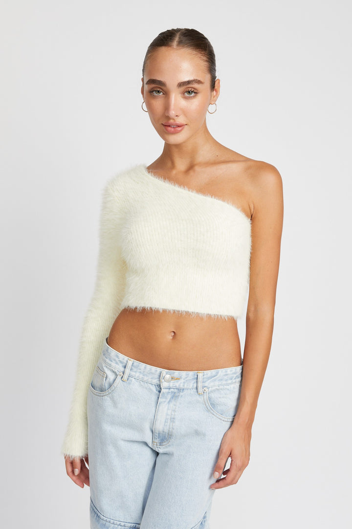 Pink One Shoulder Fluffy Sweater Top