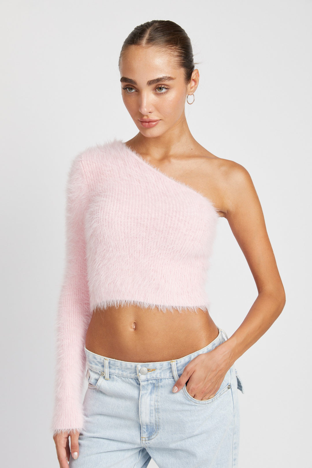 Cream One Shoulder Fluffy Sweater Top