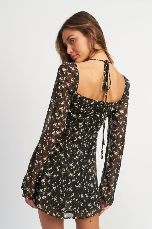 Floral Long Sleeve Dress With Halter Detail