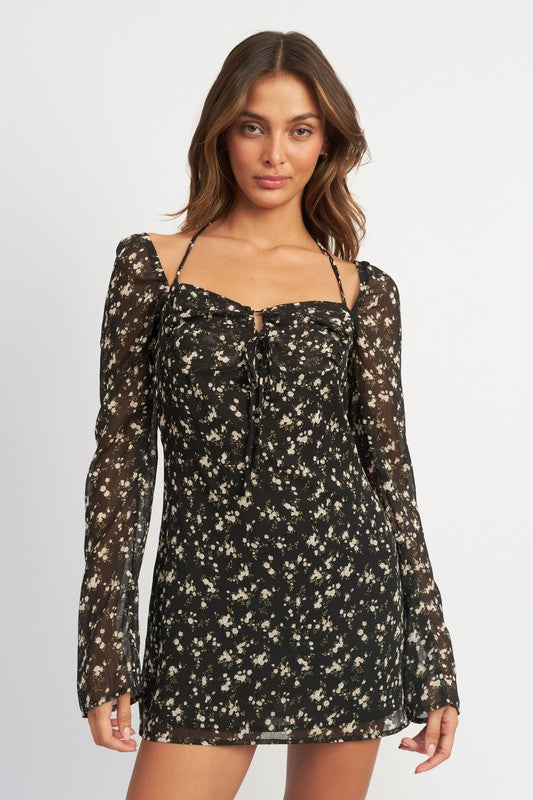Black Floral Long Sleeve Dress With Halter Detail