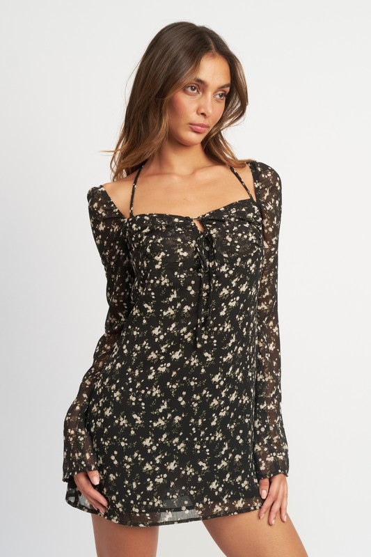 Floral Long Sleeve Dress With Halter Detail