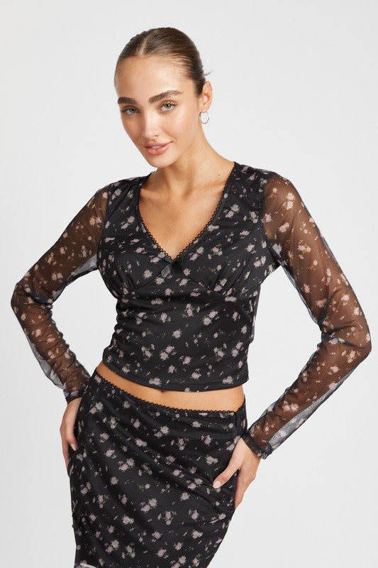 BLACK FLORAL Floral Print Mesh Crop Top With V Neck