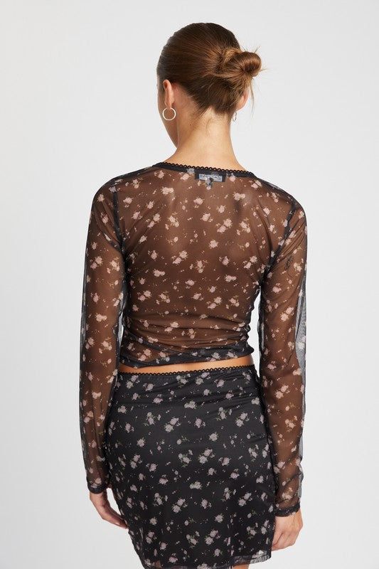 Floral Print Mesh Crop Top With V Neck