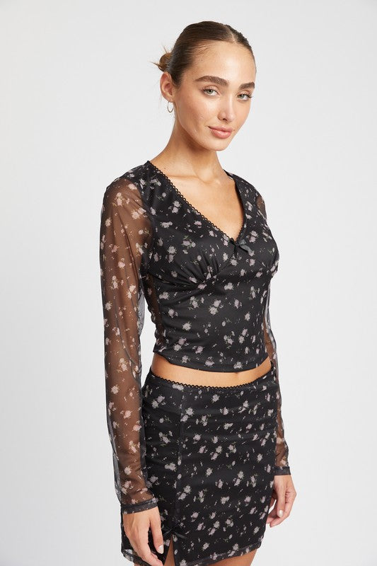 Floral Print Mesh Crop Top With V Neck