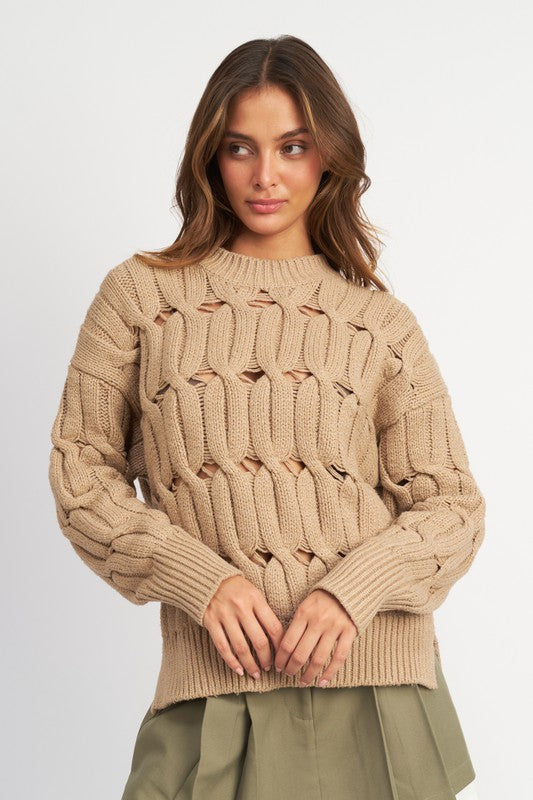 Taupe Open Knit Sweater With Slits