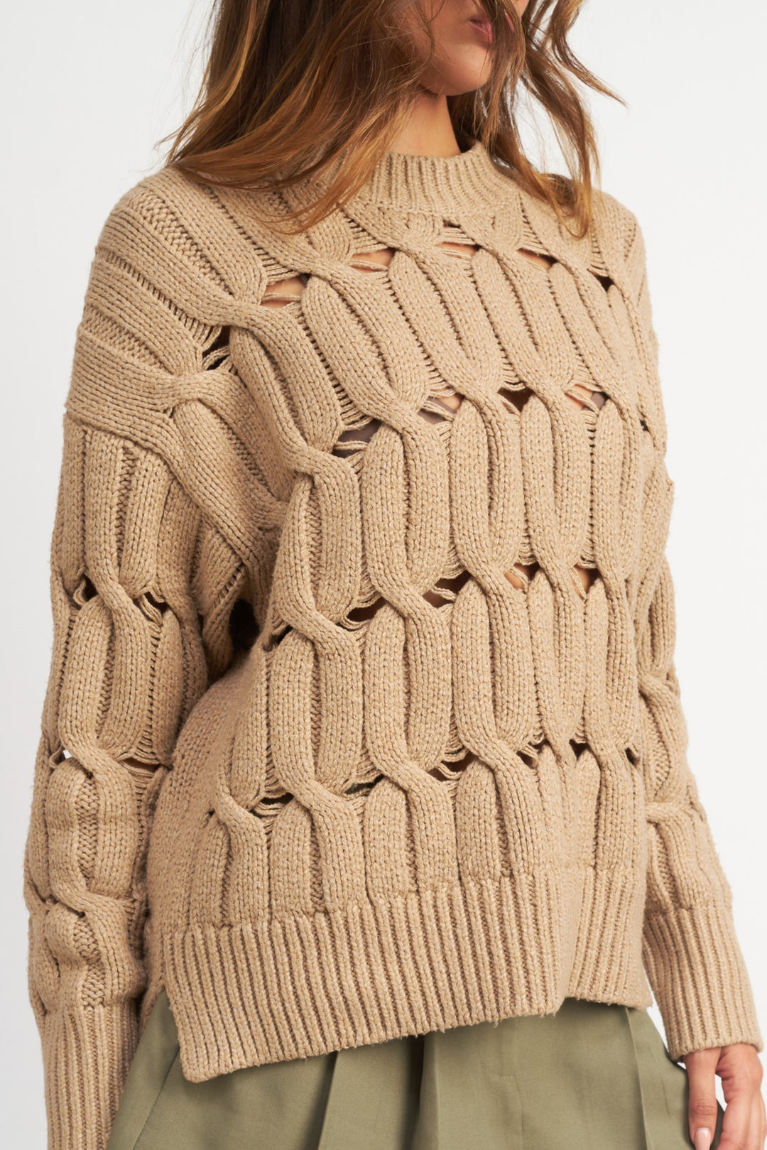Taupe Open Knit Sweater With Slits