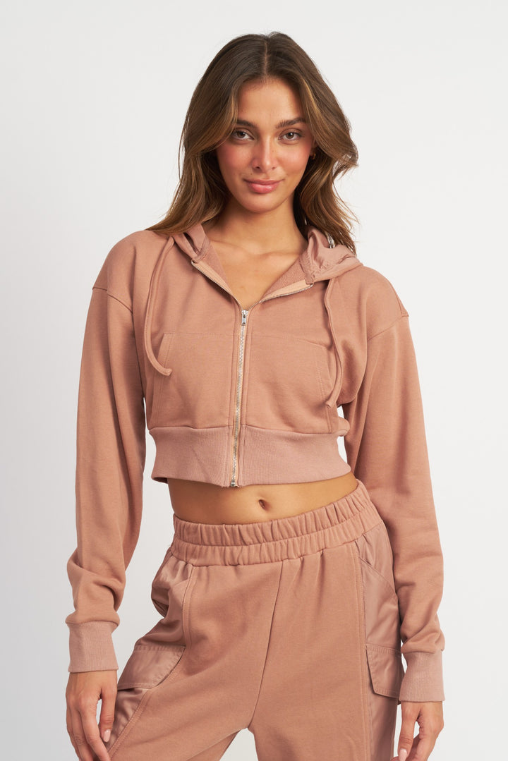 Dusty Mauve Contrasted Zip Up Hoodie