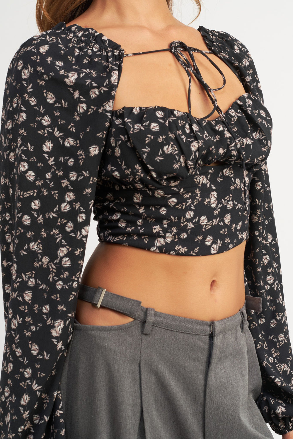 Black Floral Tie Front Floral Blouse