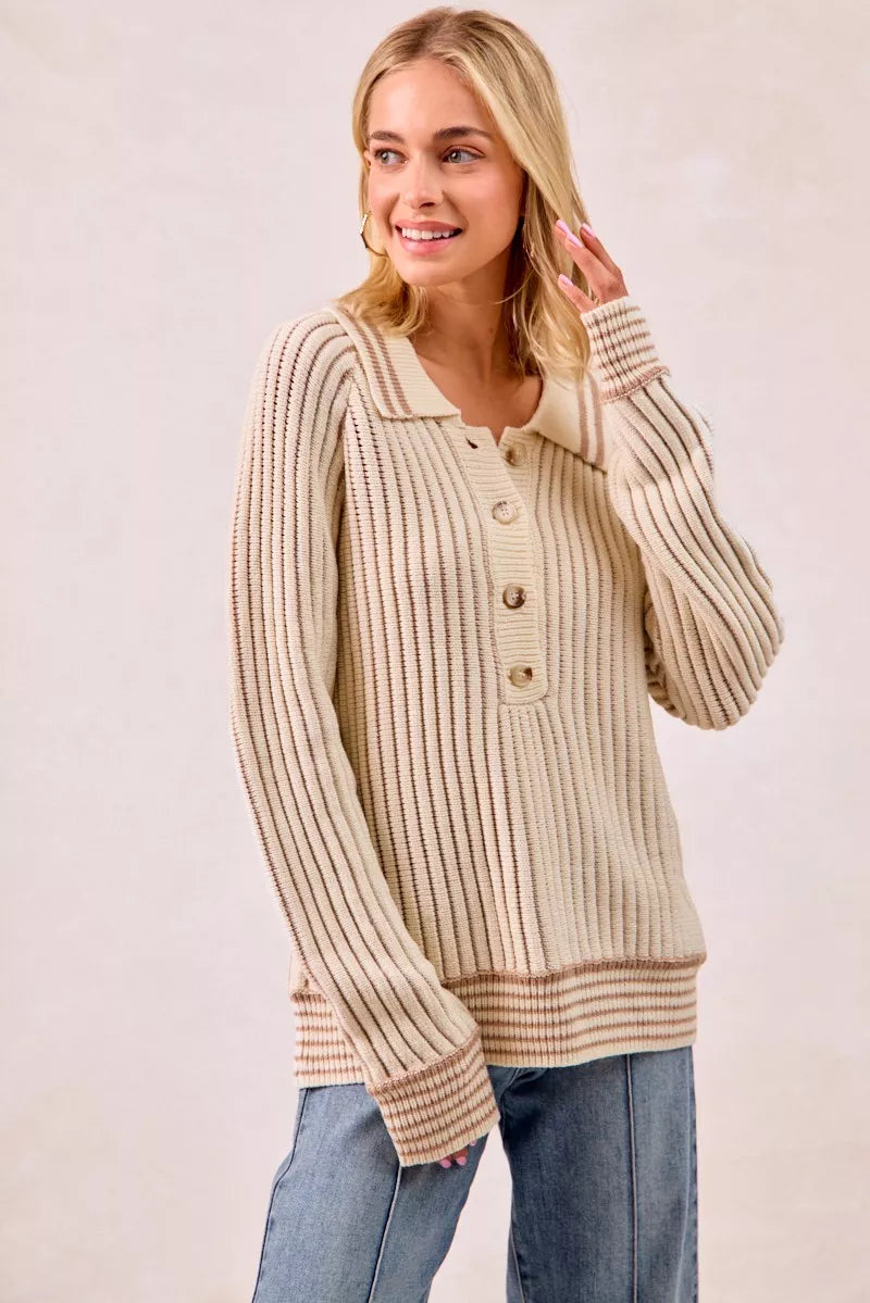 Bibi Half Button Ribbed Two Tone Sweater