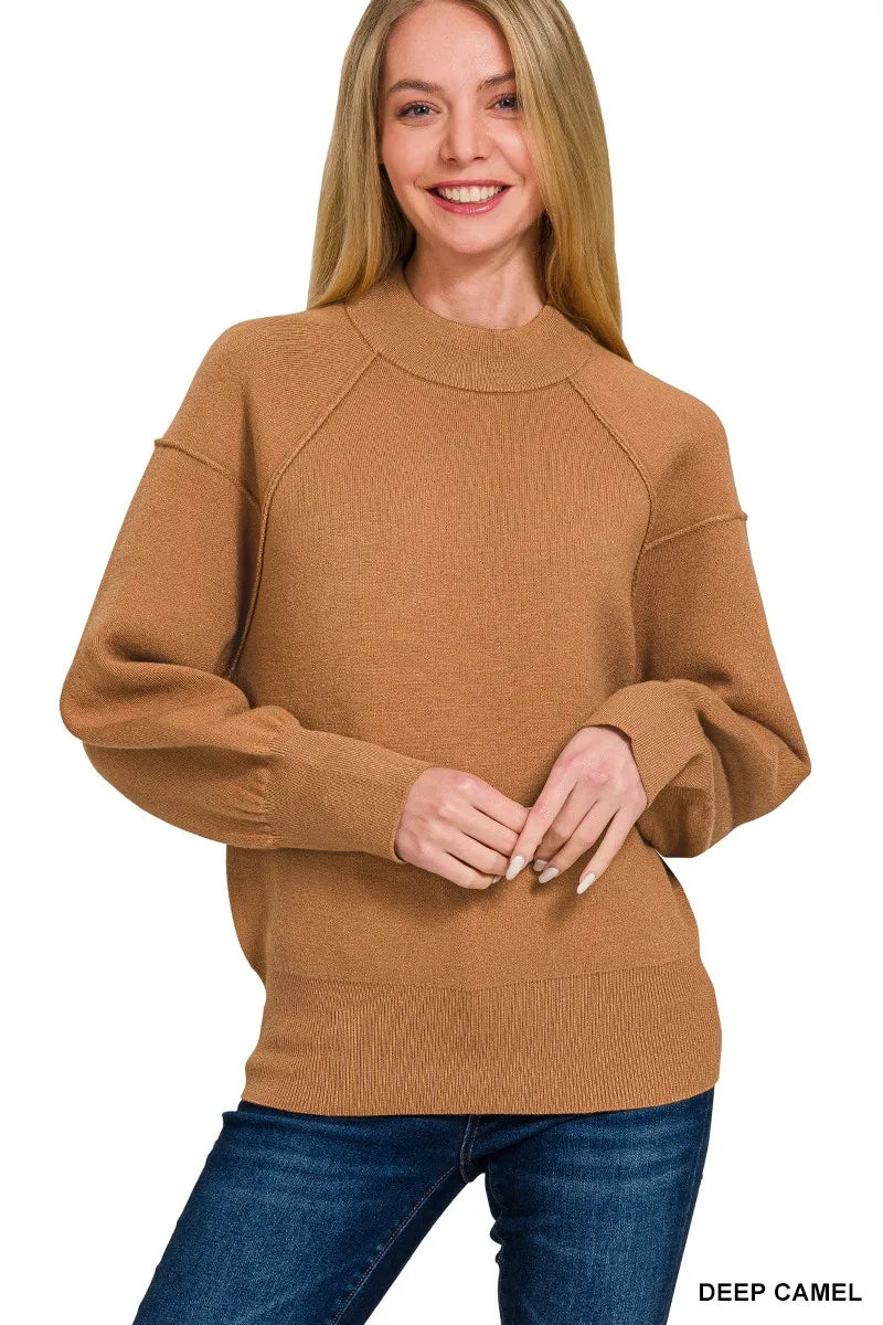 Deep Camel Zenana Viscose Mock Neck Exposed Seam Sweater 6