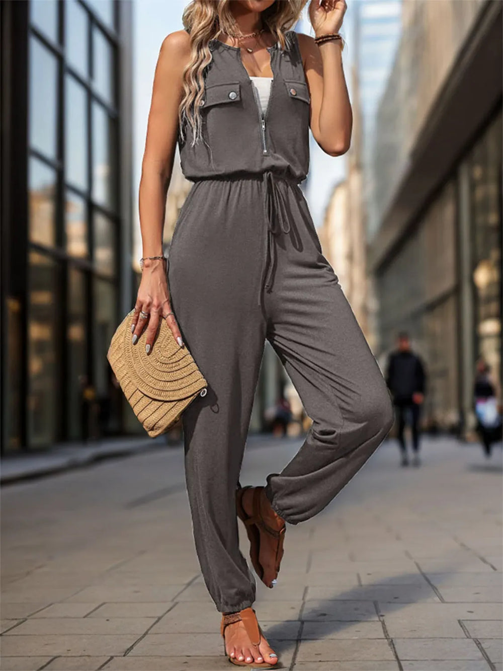 Dark Gray Drawstring Waist Sleeveless Jumpsuit