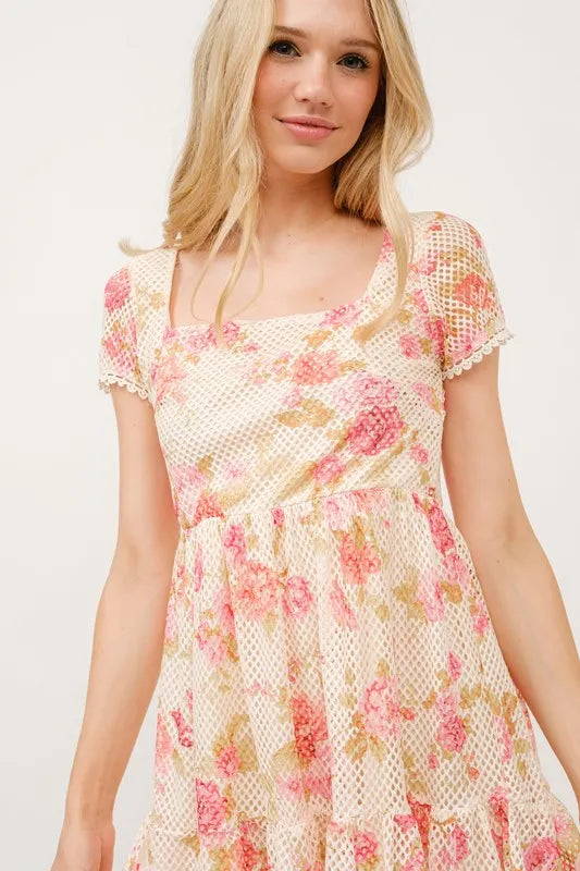 Multi And The Why Square Neck Tiered Floral Fishnet Dress