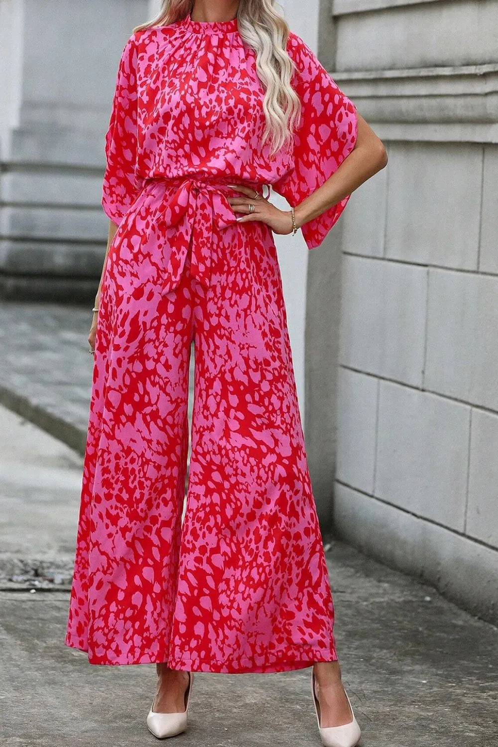 Hot Pink Leopard Belted Wide Leg Jumpsuit