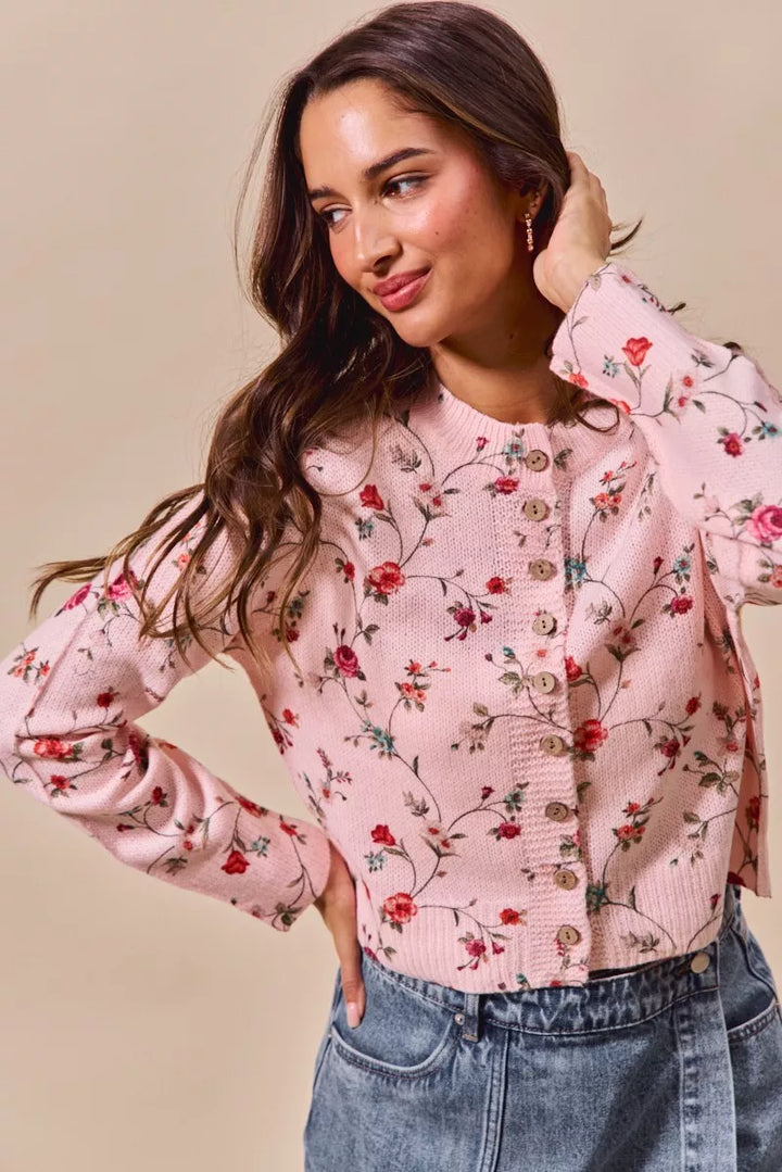 Blush So Me Floral Print Button Front Sweater Cardigan Top