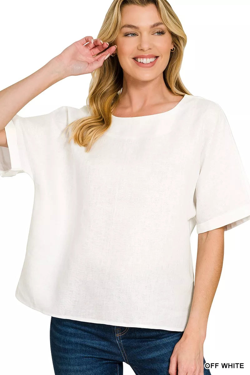 Off White Zenana Linen Round Neck Cuffed Sleeve Top 3