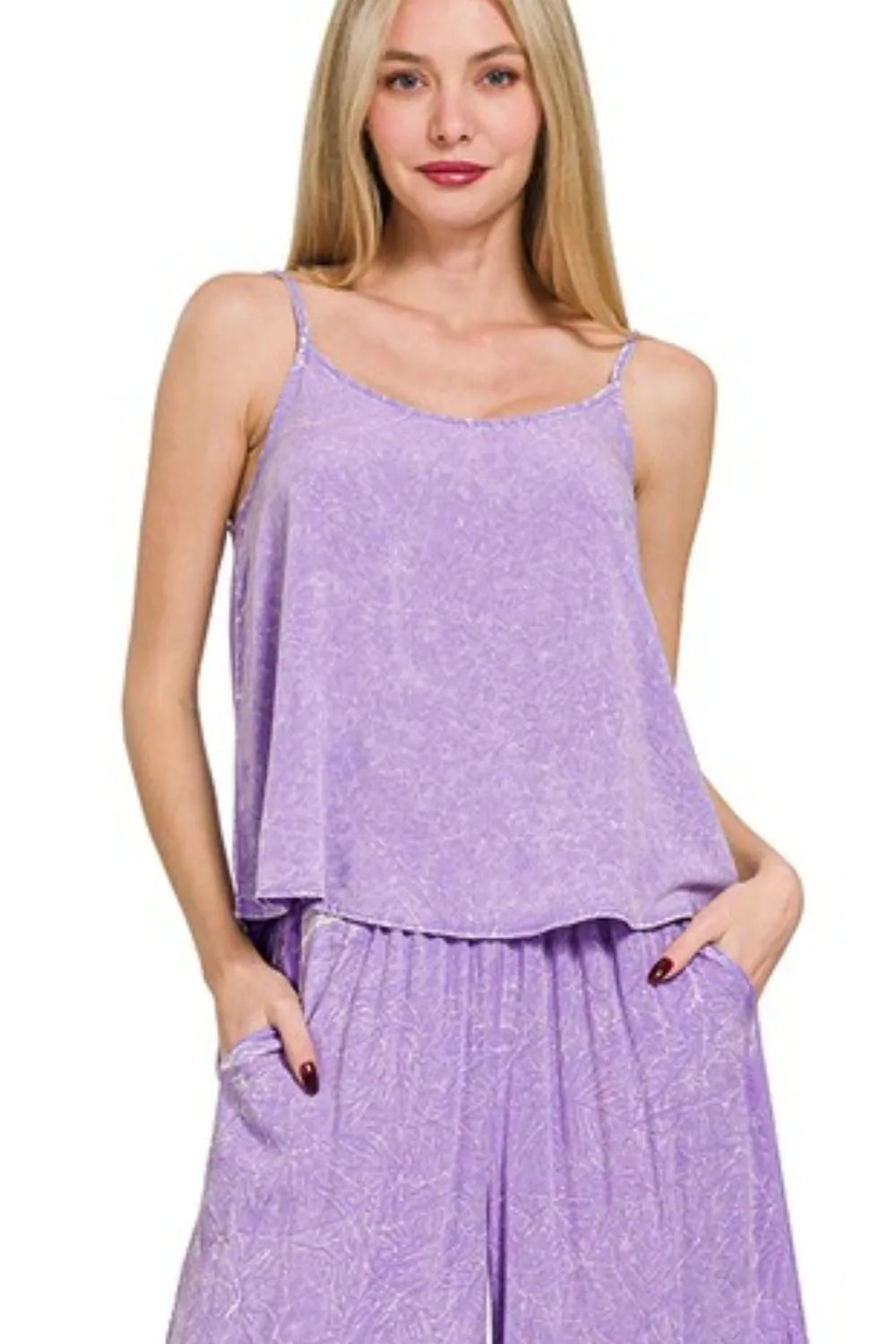 Lavender Zenana Woven Acid Crinkle Washed Cami Pants 2 Piece Set 1