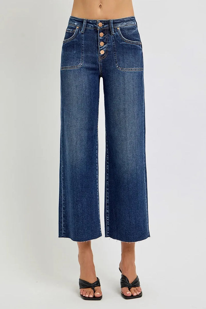 Dark Risen Full Size High Rise Crop Wide Button Up Jeans Plus Size